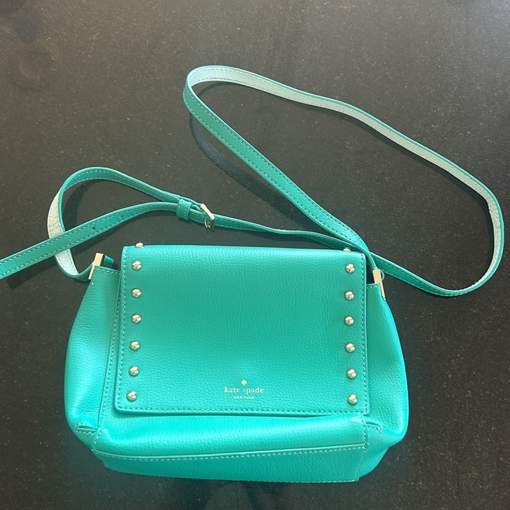 Kate Spade New York Sanders Place Avva blue leather gold studs crossbody bag